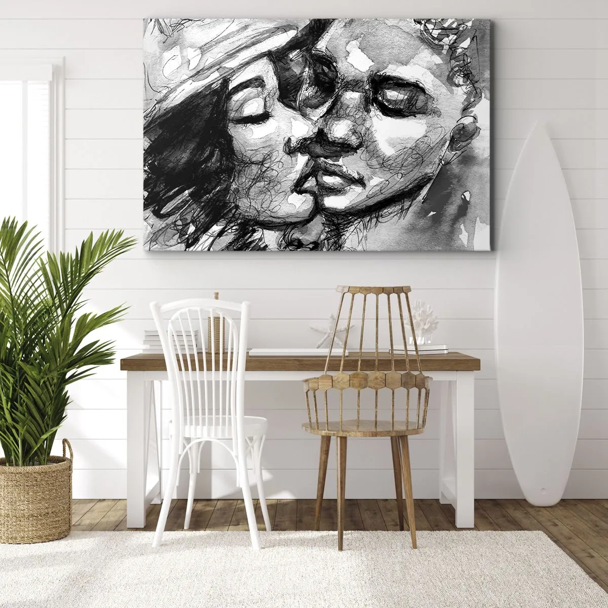 Tablou pe pânză Canvas - O acuarelă alb-negru care înfățișează un moment intim între două persoane. - 70x50cm - Un moment de tandrețe - Decorațiune modernă pentru perete pentru living și dormitor ARTTOR