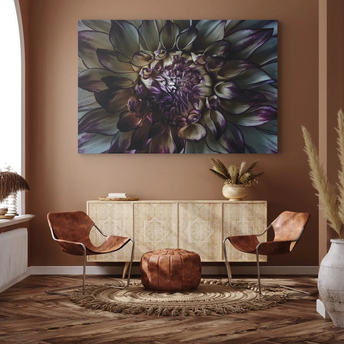 Tablou pe pânză Canvas - Prim-plan al unei flori de dalie în tonuri închise - 70x50cm - Înflorirea tinereții - Decorațiune modernă pentru perete pentru living și dormitor ARTTOR