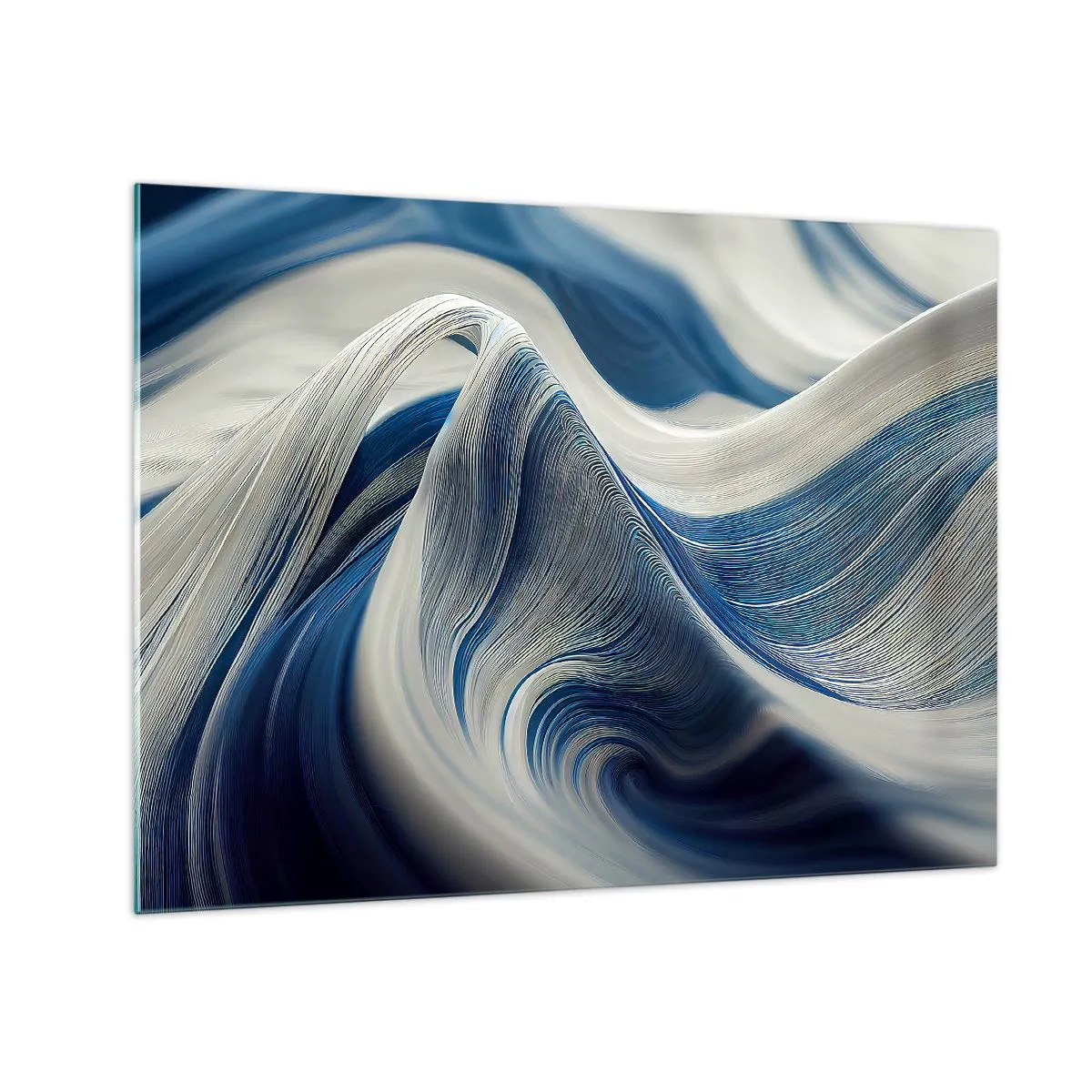 Tablou pe sticlă - Abstracție dinamică în nuanțe de albastru și alb - 70x50cm - Fluiditate de albastru și alb - Decorațiune modernă pentru perete pentru living și dormitor ARTTOR