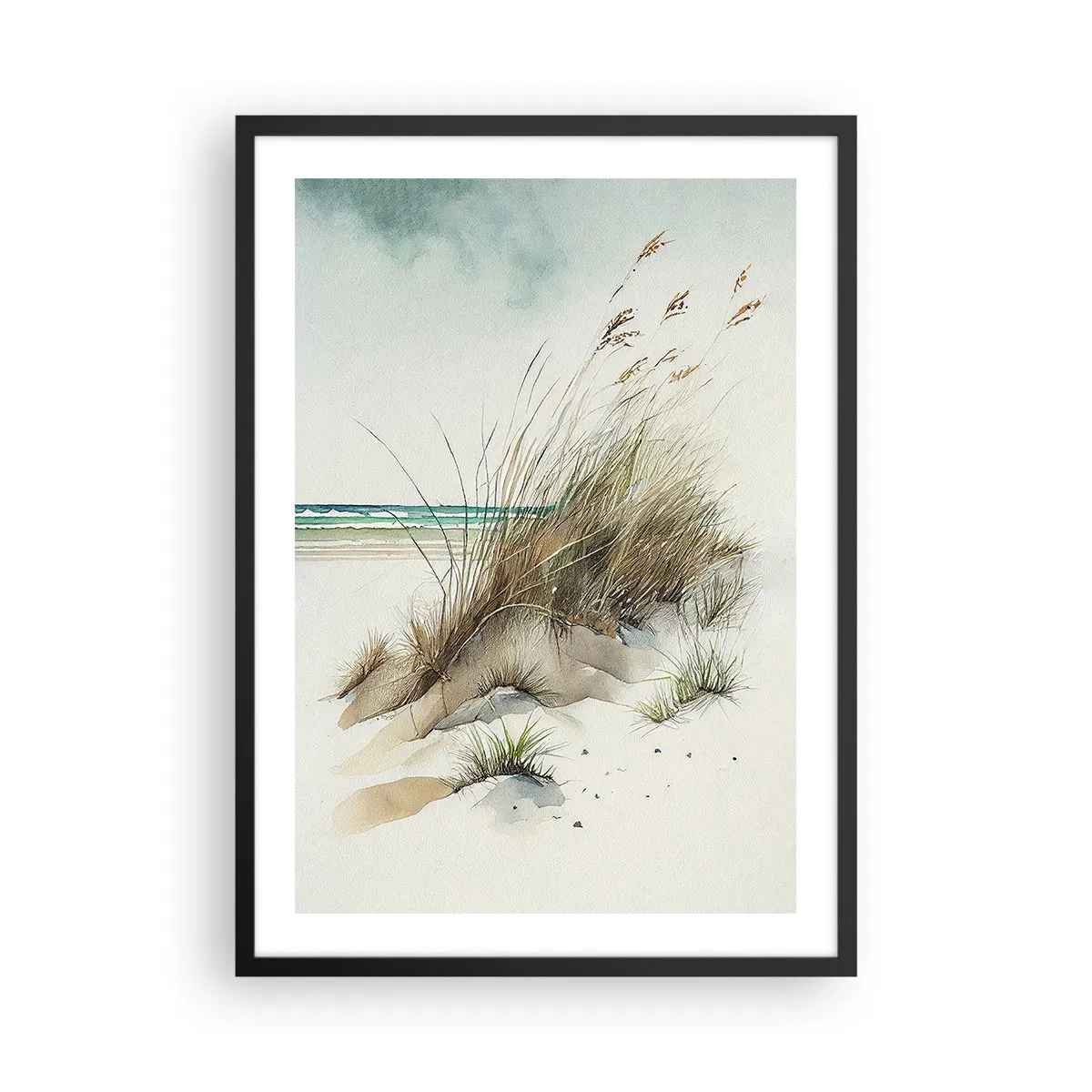Poster în ramă neagră - Dune în stil acuarelă cu ierburi lângă o mare calmă - 50x70cm - Înfășurate în nisip - Decorațiune modernă pentru perete pentru living și dormitor ARTTOR