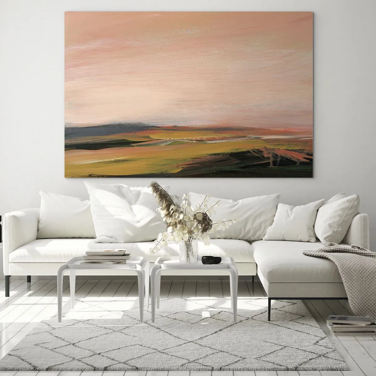 Tablou pe sticlă - Un peisaj abstract în nuanțe de roz și verde închis. - 70x50cm - Tonalitatea de roz - Decorațiune modernă pentru perete pentru living și dormitor ARTTOR