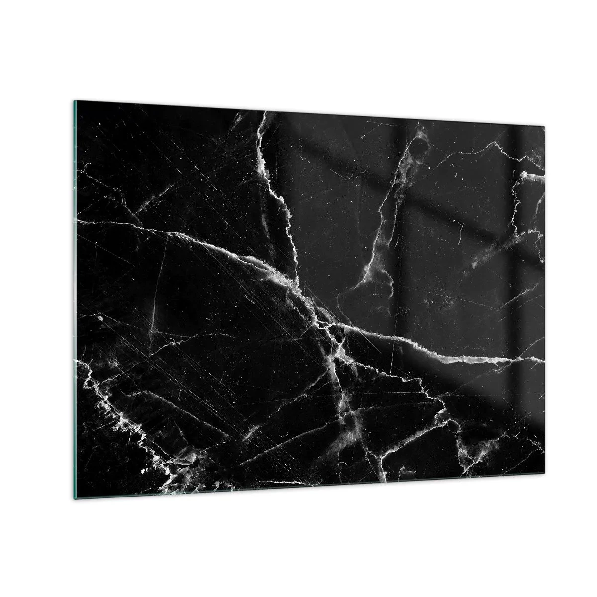 Tablou pe sticlă - Suprafață de marmură neagră cu vene ușoare - 70x50cm - Viața secretă a unei pietre - Decorațiune modernă pentru perete pentru living și dormitor ARTTOR