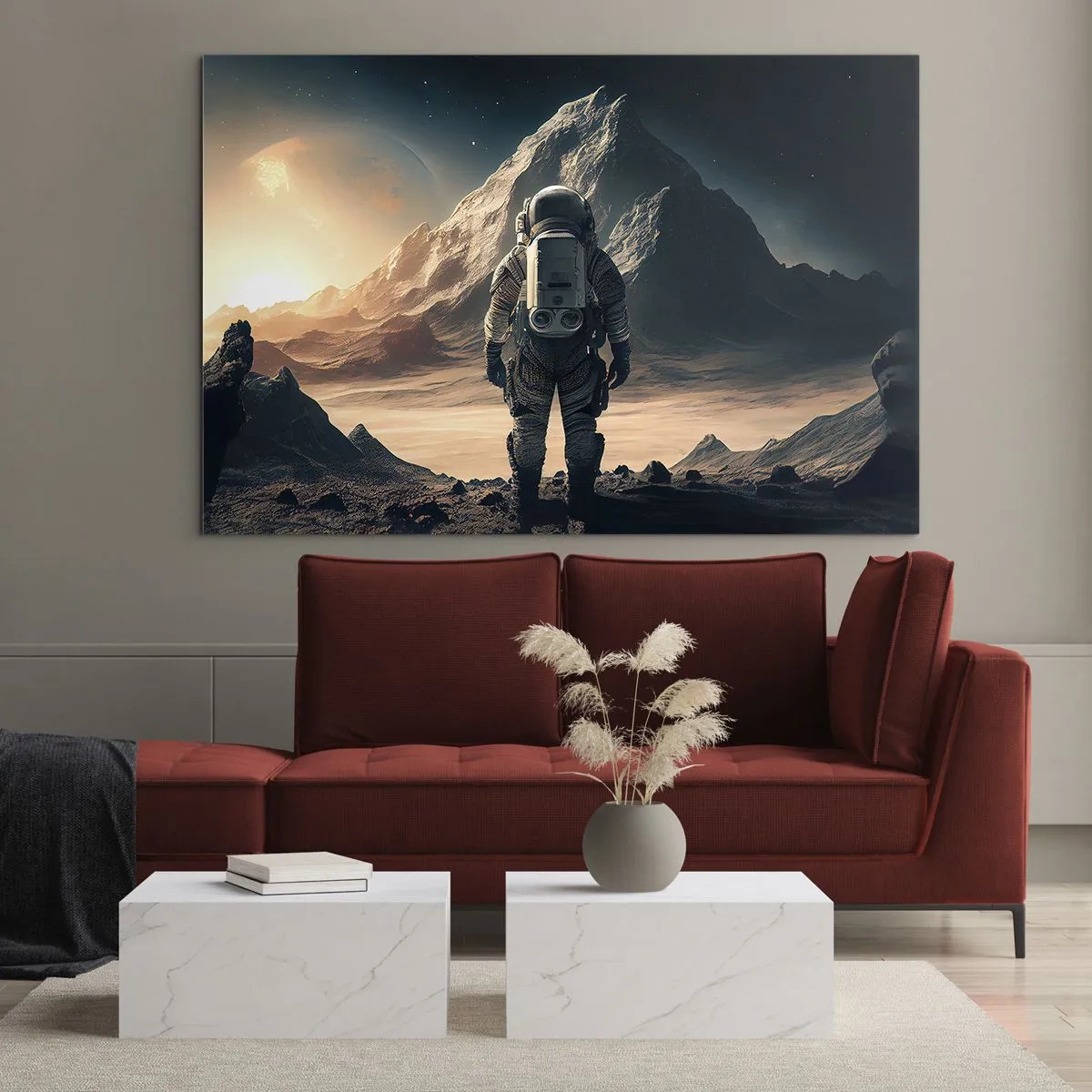 Tablou pe sticlă - Astronautul de pe o planetă extraterestră cu un peisaj muntos - 70x50cm - O nouă provocare - Decorațiune modernă pentru perete pentru living și dormitor ARTTOR