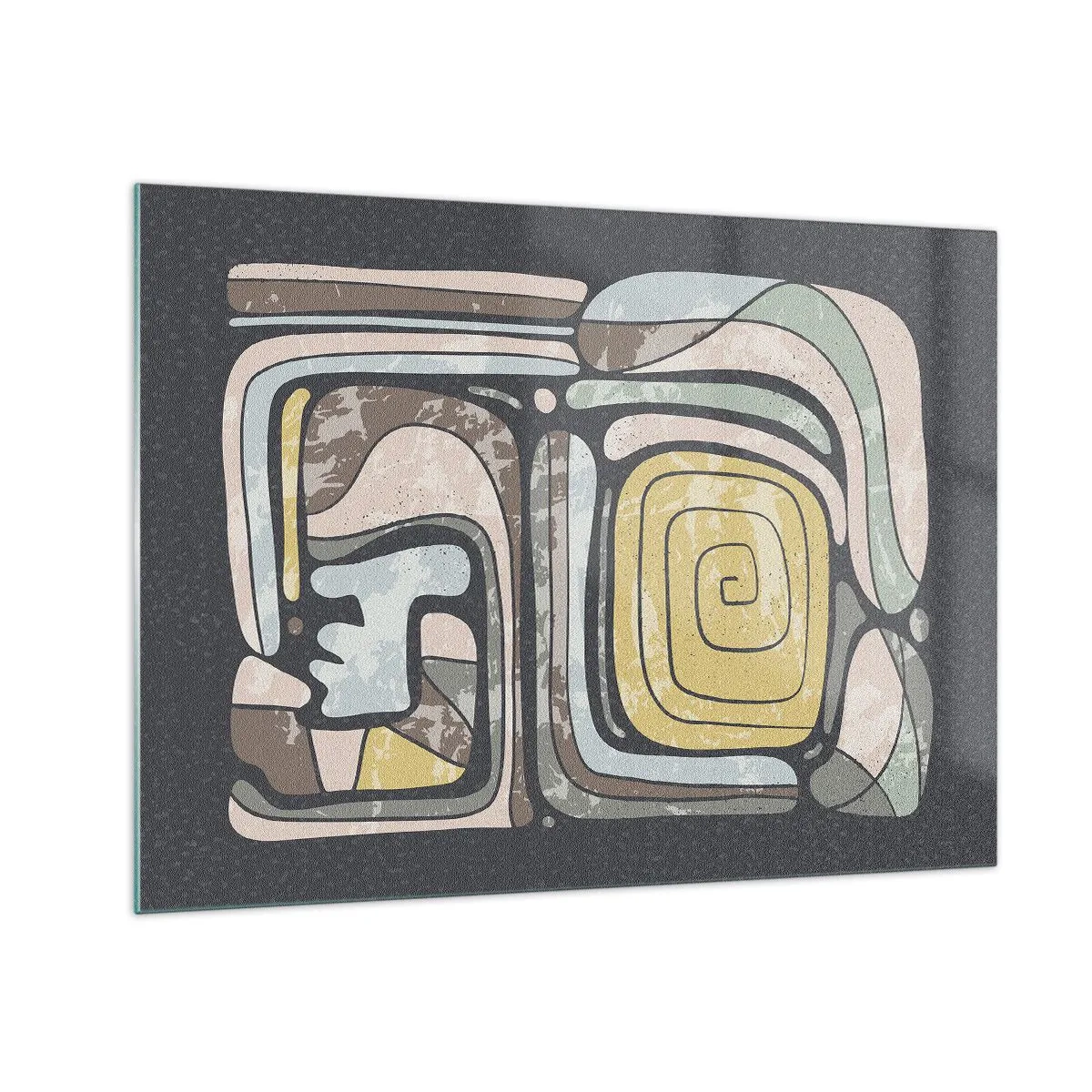 Tablou pe sticlă - Abstracție geometrică în tonuri pământii pe fundal negru - 70x50cm - Abstracție în spirit precolumbian - Decorațiune modernă pentru perete pentru living și dormitor ARTTOR