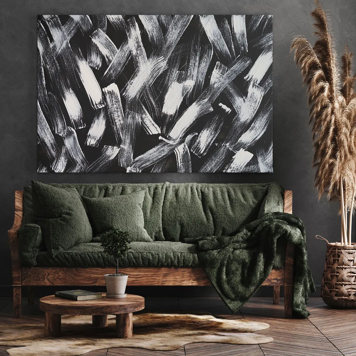 Tablou pe pânză Canvas - Abstracție dinamică cu tușe albe pe fundal negru. - 70x50cm - Abstracție în spirit industrial - Decorațiune modernă pentru perete pentru living și dormitor ARTTOR