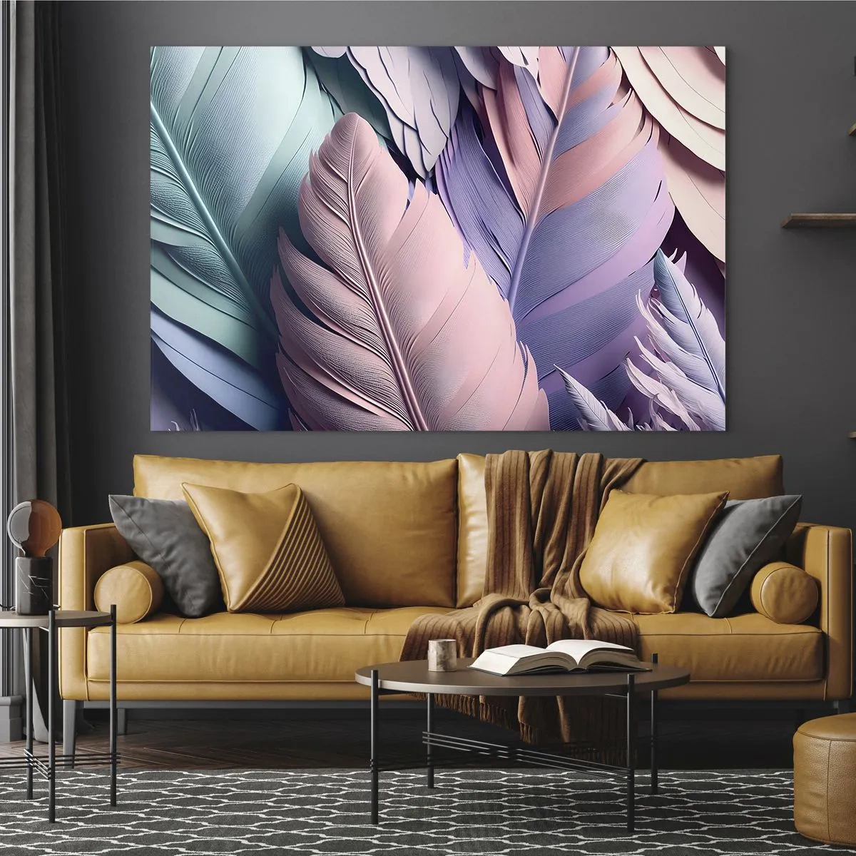 Tablou pe sticlă - Pene pastelate în nuanțe de roz, violet și turcoaz - 70x50cm - Eleganța păsărilor - Decorațiune modernă pentru perete pentru living și dormitor ARTTOR