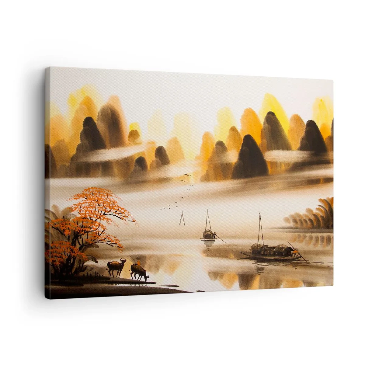 Tablou pe pânză Canvas - Un peisaj oriental cu un râu, munți și o ceață blândă. - 70x50cm - Mai departe decât Orientul Îndepărtat - Decorațiune modernă pentru perete pentru living și dormitor ARTTOR
