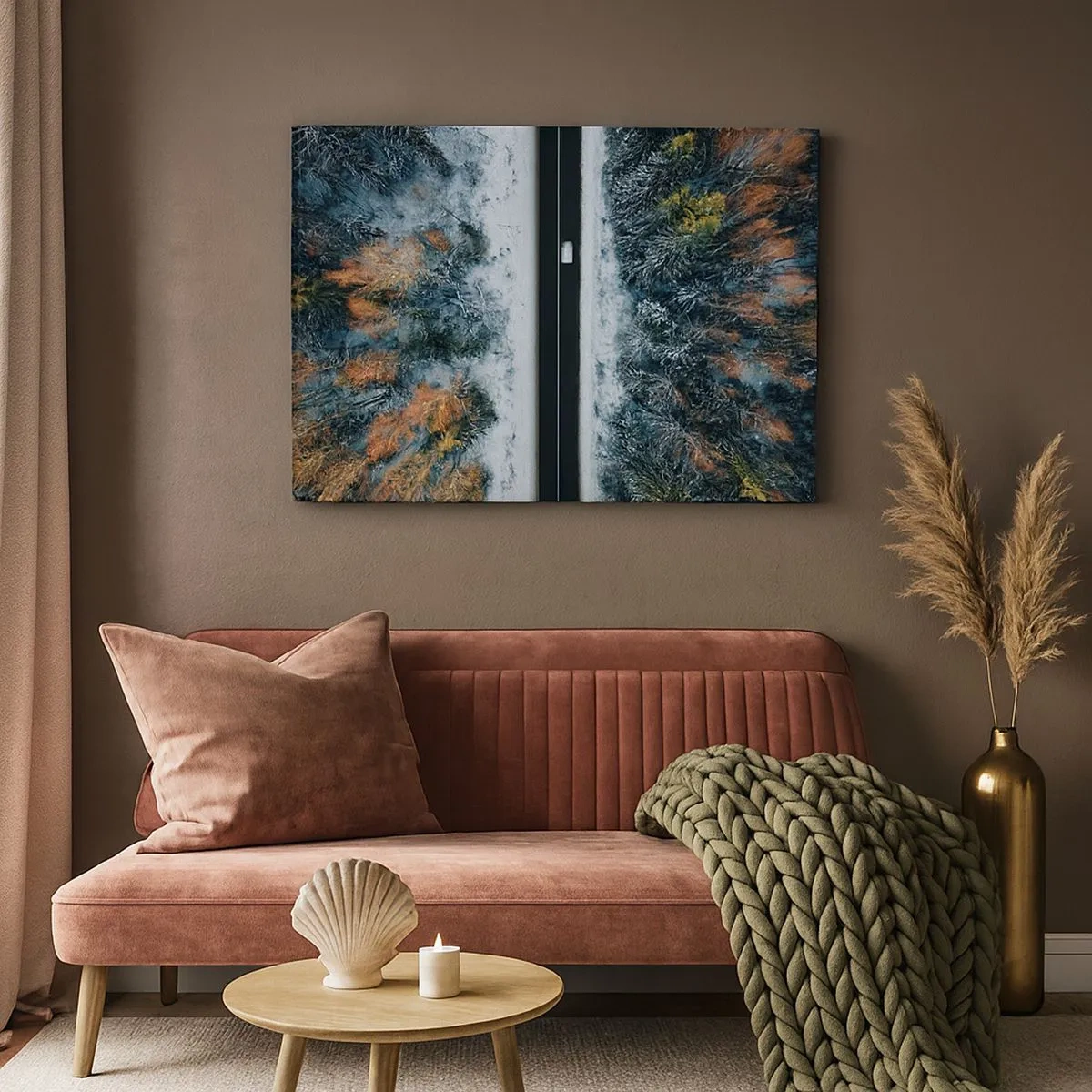 Tablou pe pânză Canvas - Un drum printr-o pădure de iarnă văzut din perspectiva unei păsări - 70x50cm - Prin pădurea de iarnă - Decorațiune modernă pentru perete pentru living și dormitor ARTTOR