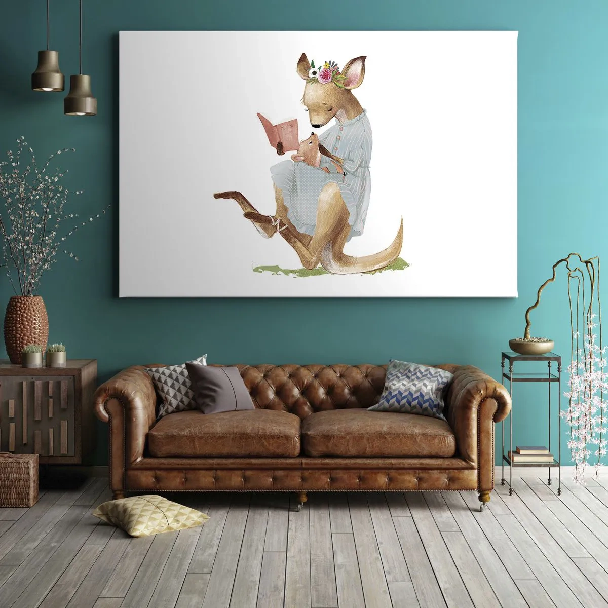 Tablou pe pânză Canvas - Kanga citind o carte cu un bebeluș - 70x50cm - Citește-mi, mamă - Decorațiune modernă pentru perete pentru living și dormitor ARTTOR