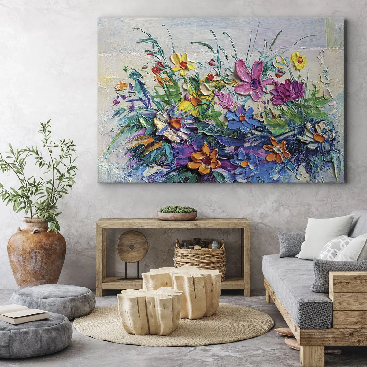 Tablou pe pânză Canvas - Un buchet colorat de flori pictat folosind tehnica impasto - 70x50cm - Nu este deloc o natură moartă - Decorațiune modernă pentru perete pentru living și dormitor ARTTOR