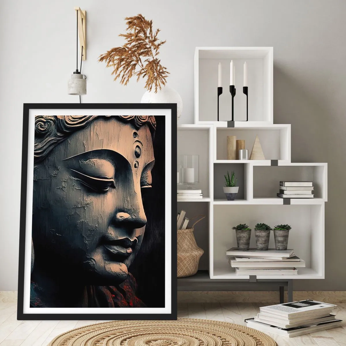 Poster în ramă neagră - Prim-plan al unei sculpturi a lui Buddha în lumină caldă - 50x70cm - În ton cu lumea - Decorațiune modernă pentru perete pentru living și dormitor ARTTOR