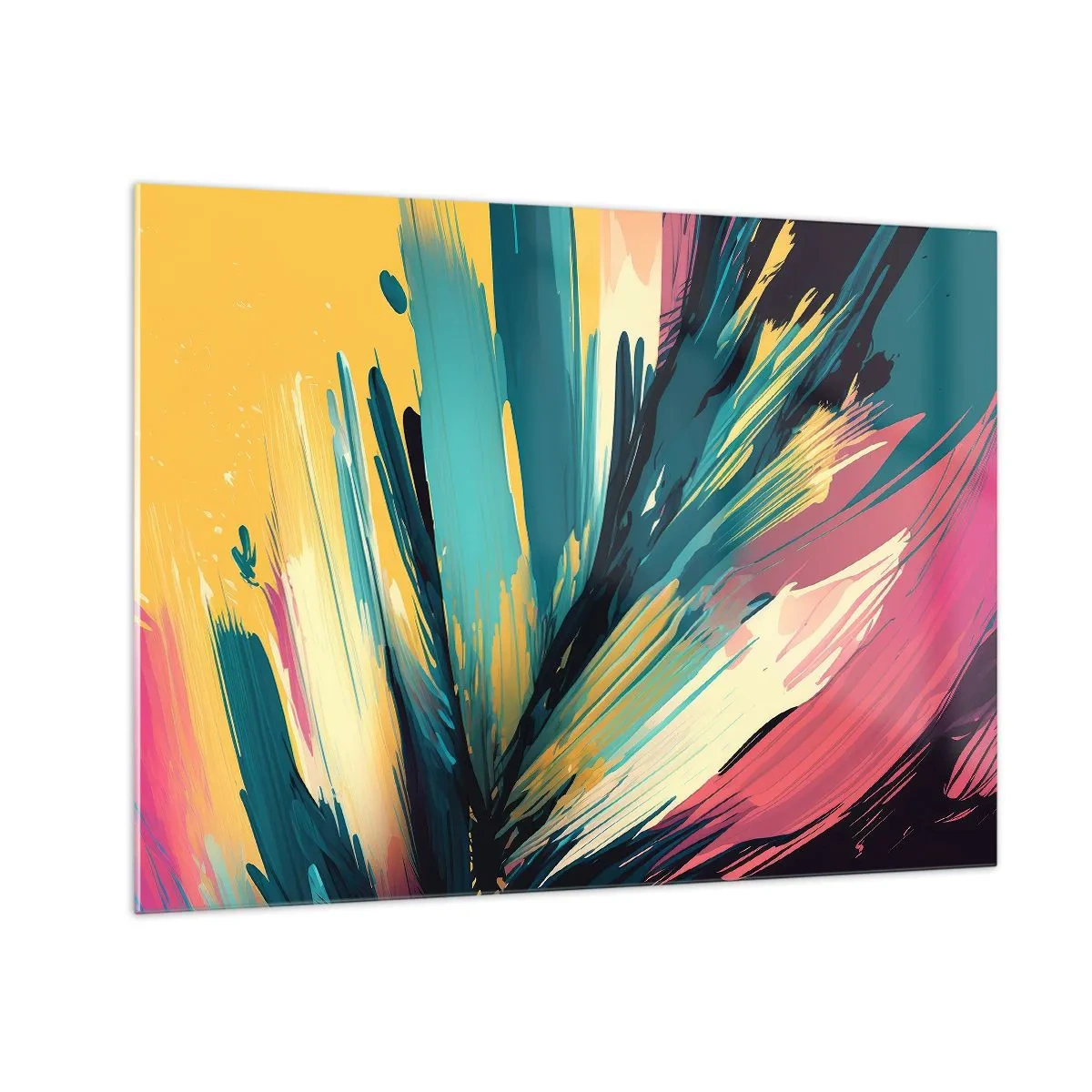 Tablou pe sticlă - Pensule dinamice în culori vibrante - 70x50cm - Compoziția - o explozie de bucurie - Decorațiune modernă pentru perete pentru living și dormitor ARTTOR