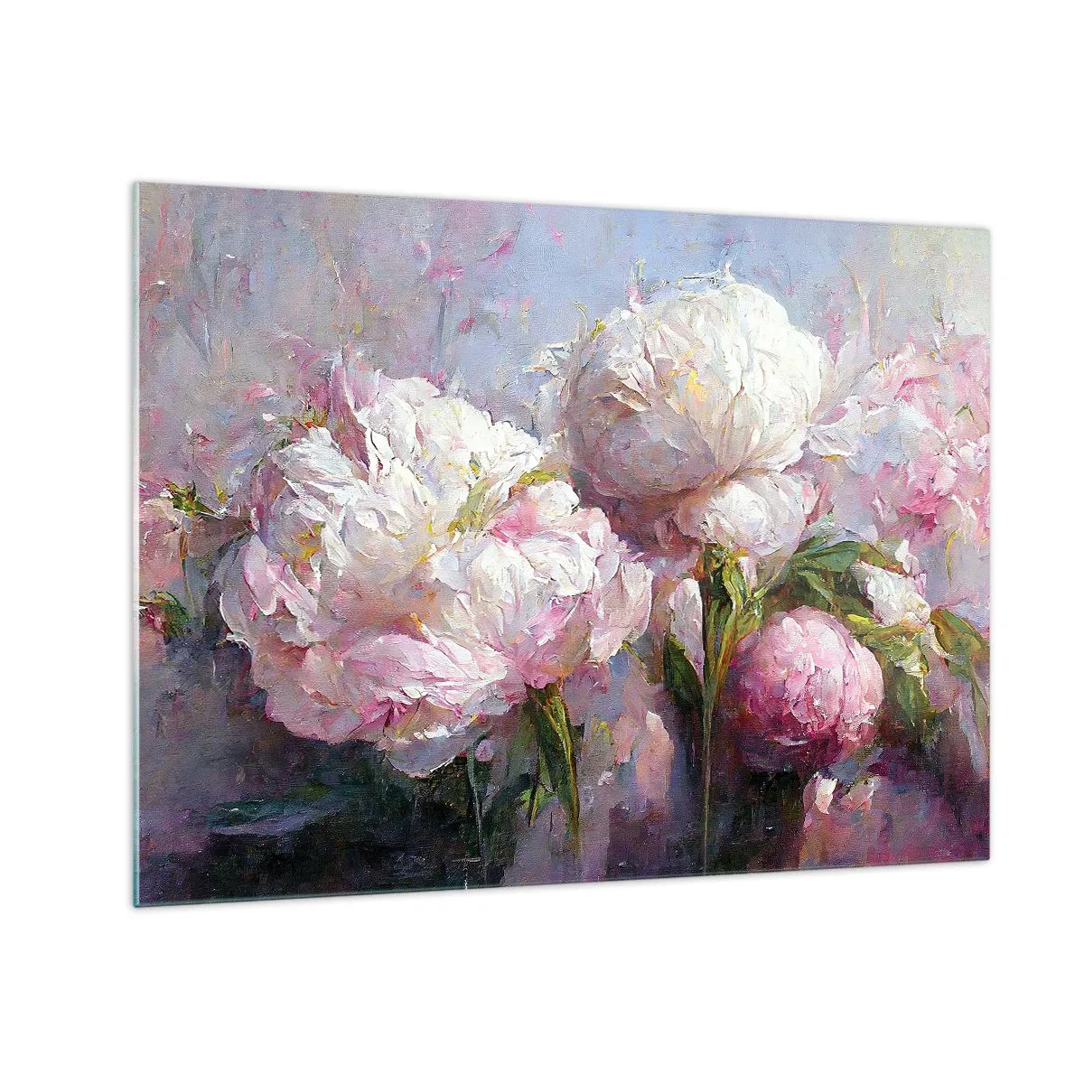 Tablou pe sticlă - Pictură în ulei cu bujori albi și roz înfloriți - 70x50cm - Un buchet plin de viață - Decorațiune modernă pentru perete pentru living și dormitor ARTTOR