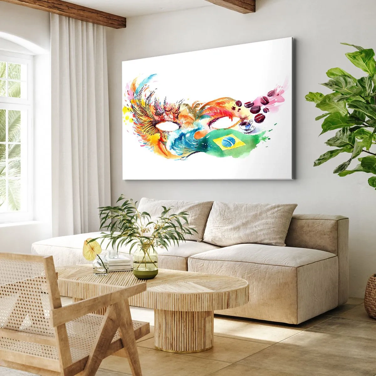 Tablou pe pânză Canvas - Mască colorată în acuarelă, inspirată de Brazilia - 70x50cm - Brazilia salută cu samba - Decorațiune modernă pentru perete pentru living și dormitor ARTTOR