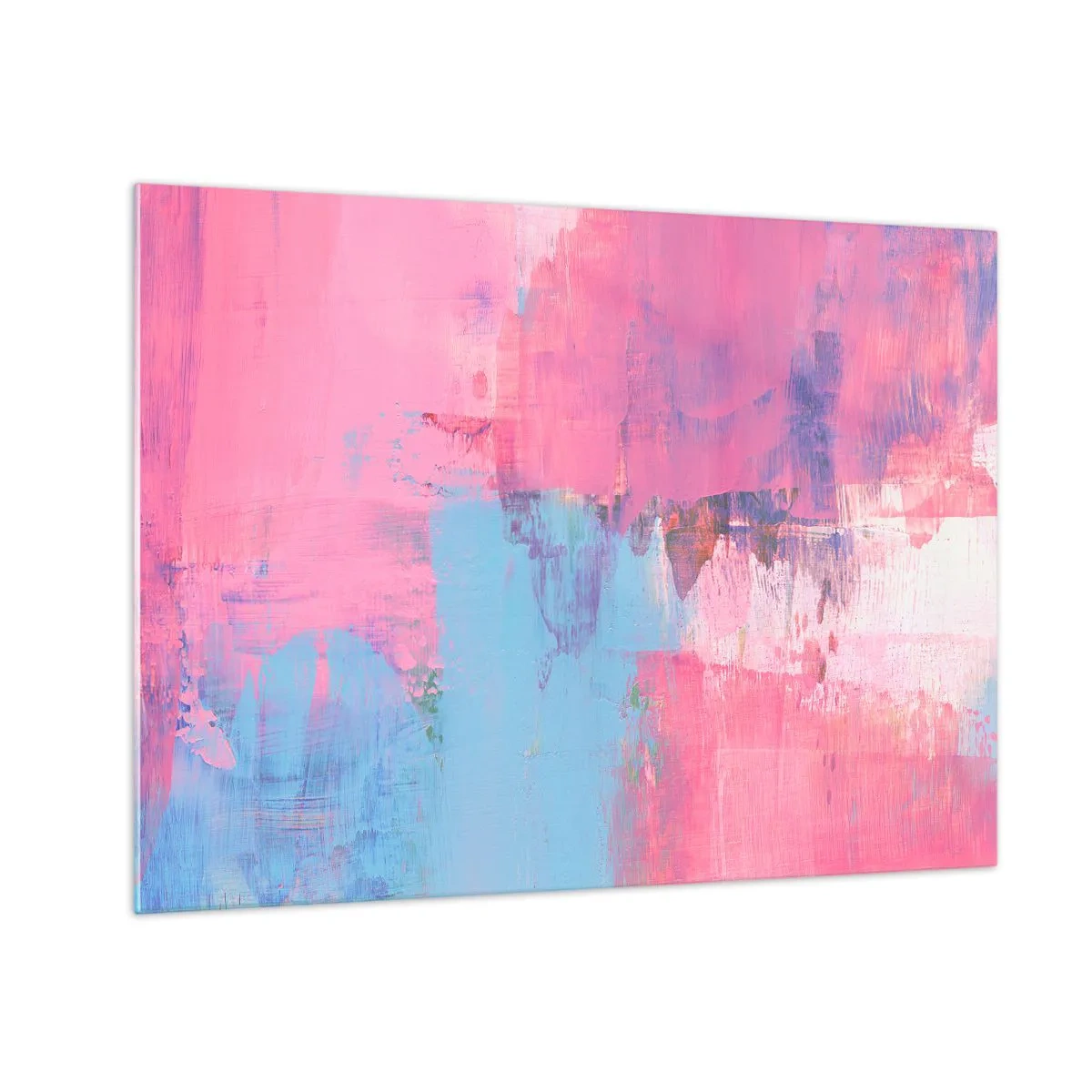 Tablou pe sticlă - Abstracție energetică în nuanțe de roz și albastru - 70x50cm - Roz, albastru și un strop de lumină - Decorațiune modernă pentru perete pentru living și dormitor ARTTOR
