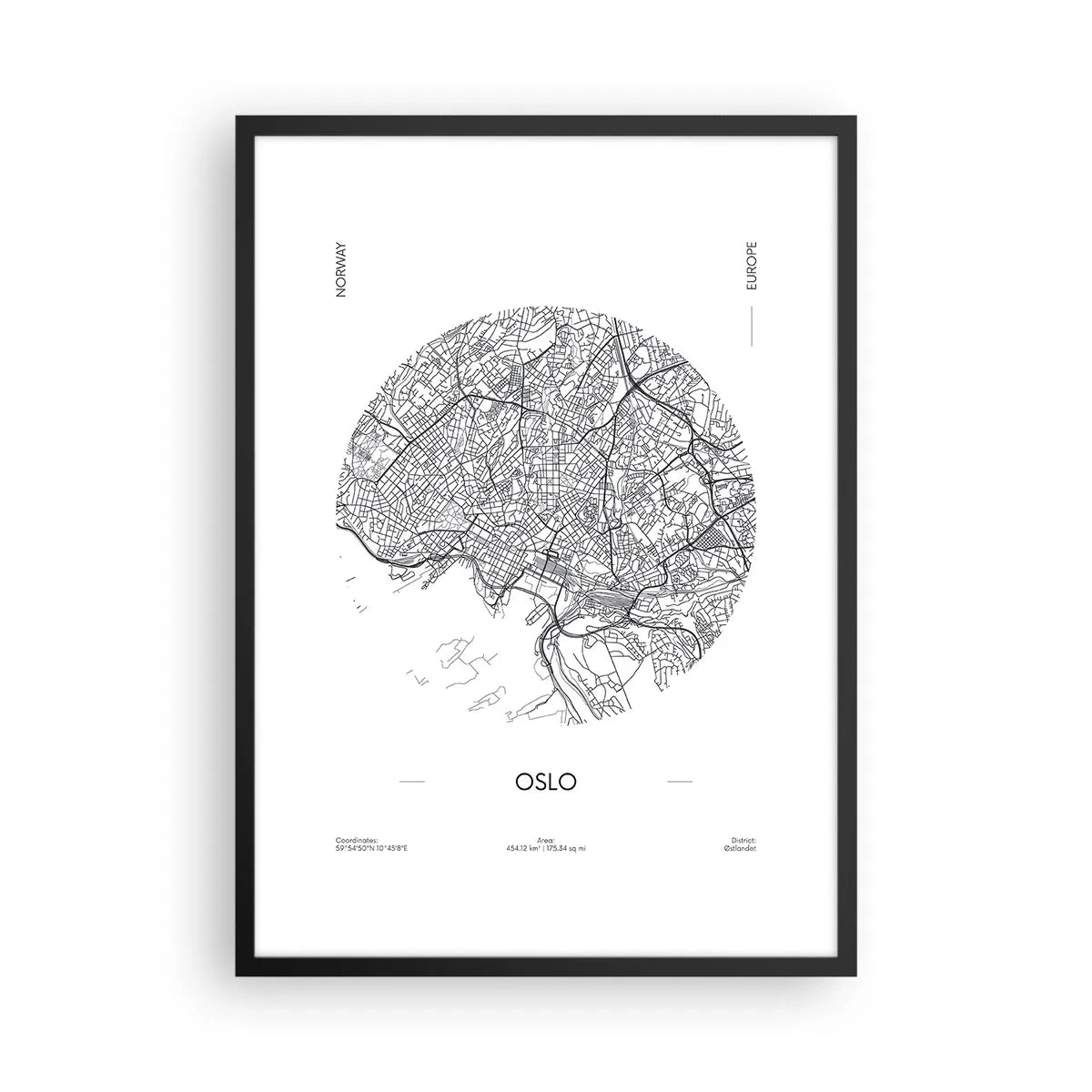 Poster în ramă neagră - O hartă minimalistă alb-negru a orașului Oslo - 50x70cm - Anatomia Oslo - Decorațiune modernă pentru perete pentru living și dormitor ARTTOR