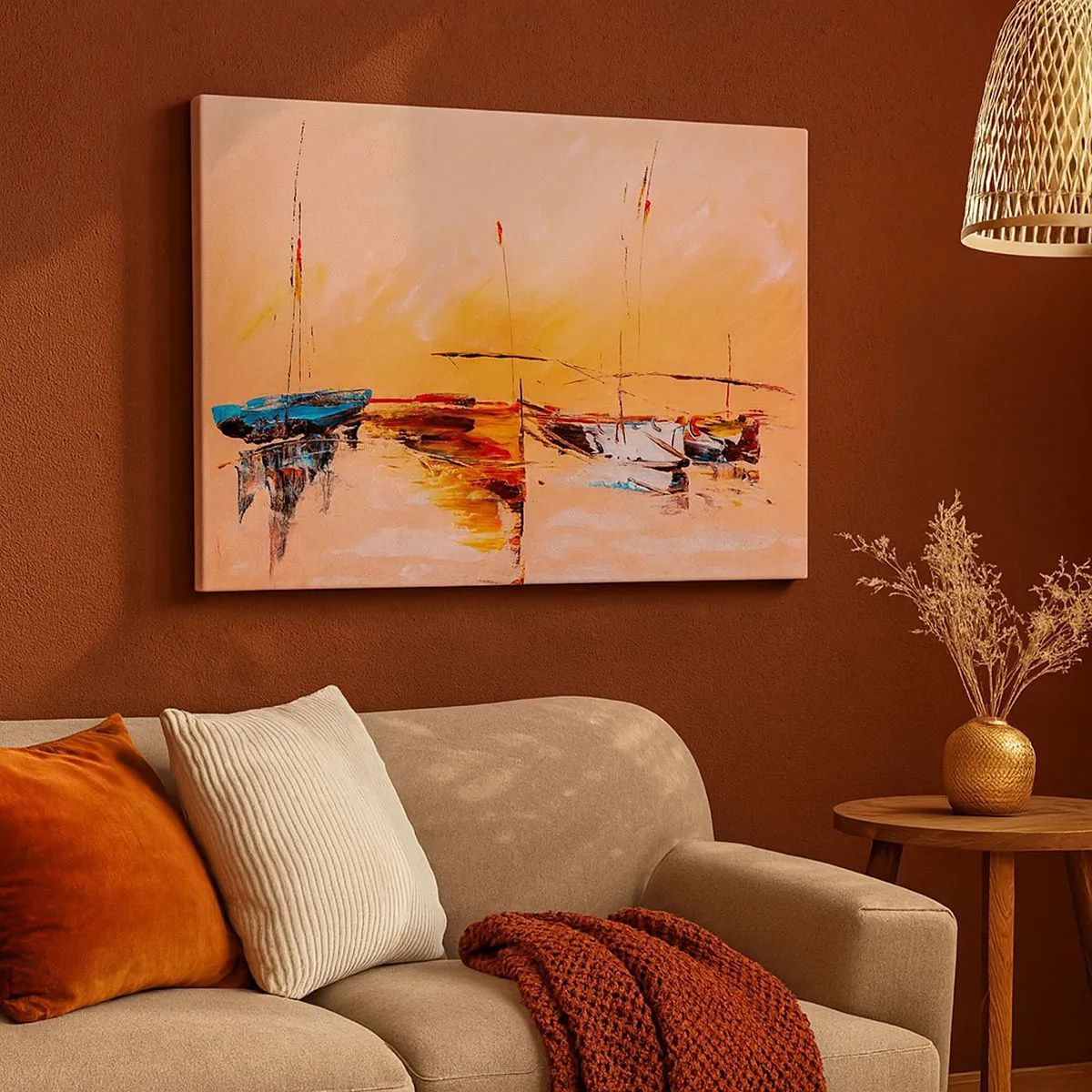 Tablou pe pânză Canvas - Bărci colorate pe ape calme la apus - 70x50cm - O seară în golf - Decorațiune modernă pentru perete pentru living și dormitor ARTTOR
