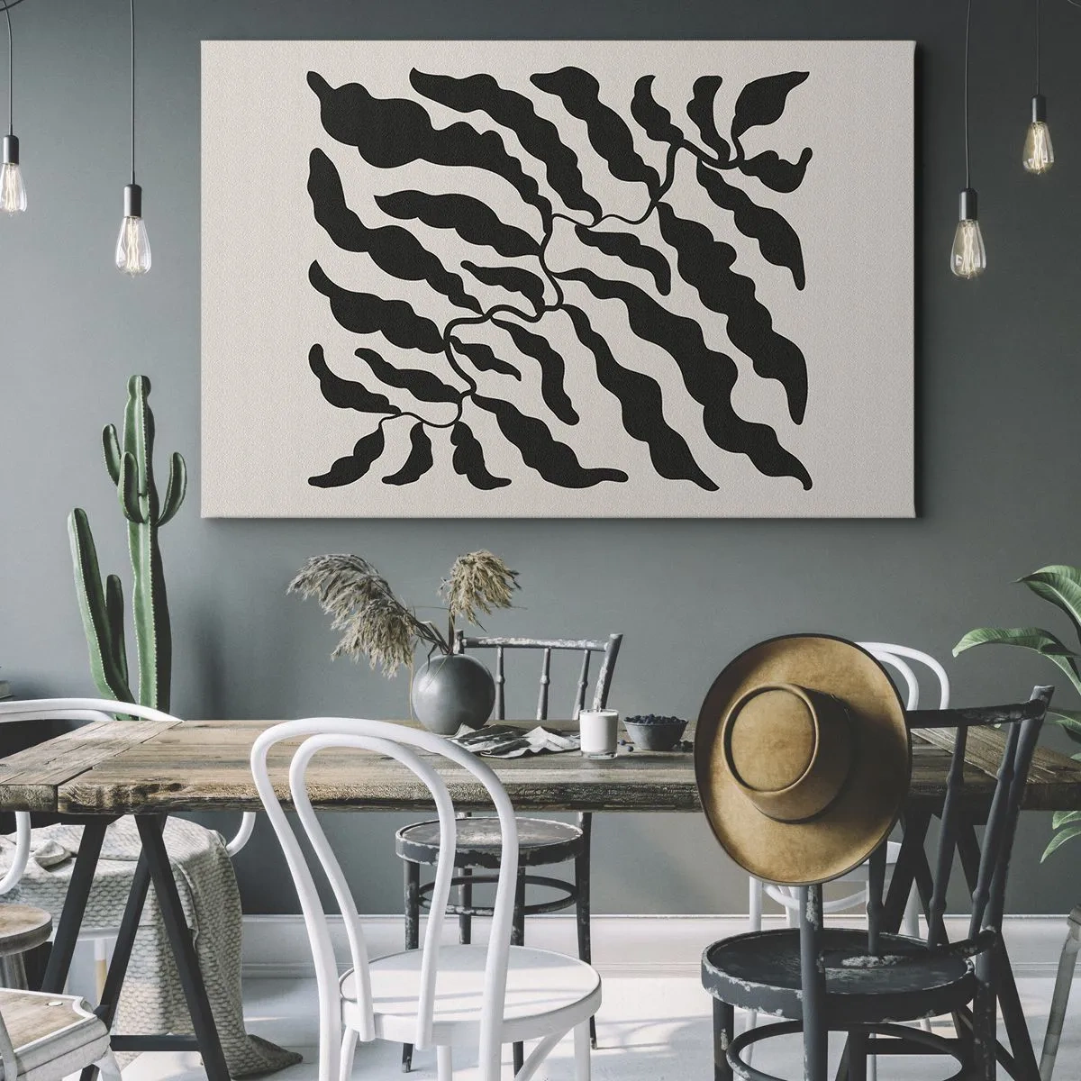 Tablou pe pânză Canvas - Crenguțe cu frunze negre pe fundal deschis - 70x50cm - Natura pătratului - Decorațiune modernă pentru perete pentru living și dormitor ARTTOR
