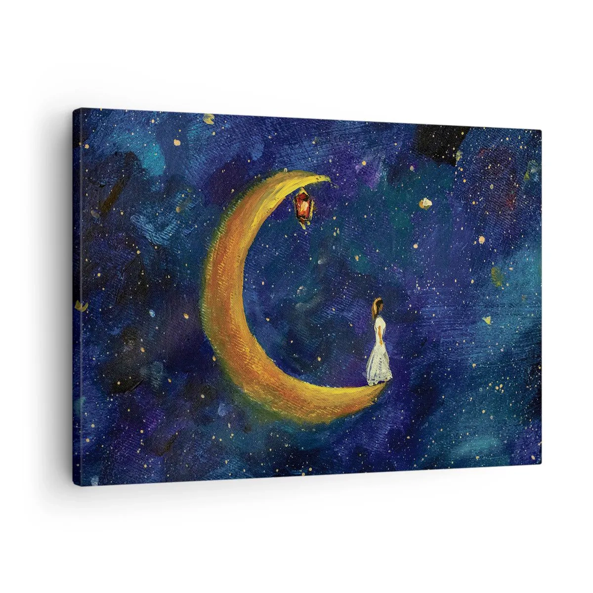 Tablou pe pânză Canvas - fată stând pe lună pe un cer înstelat - 70x50cm - Chemarea lumii - Decorațiune modernă pentru perete pentru living și dormitor ARTTOR