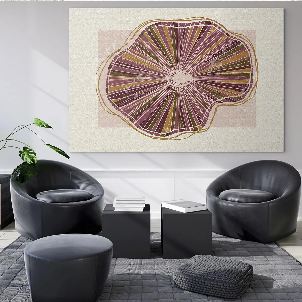 Tablou pe sticlă - O formă organică radiantă în nuanțe de roz și maro - 70x50cm - Abstracția radială - Decorațiune modernă pentru perete pentru living și dormitor ARTTOR