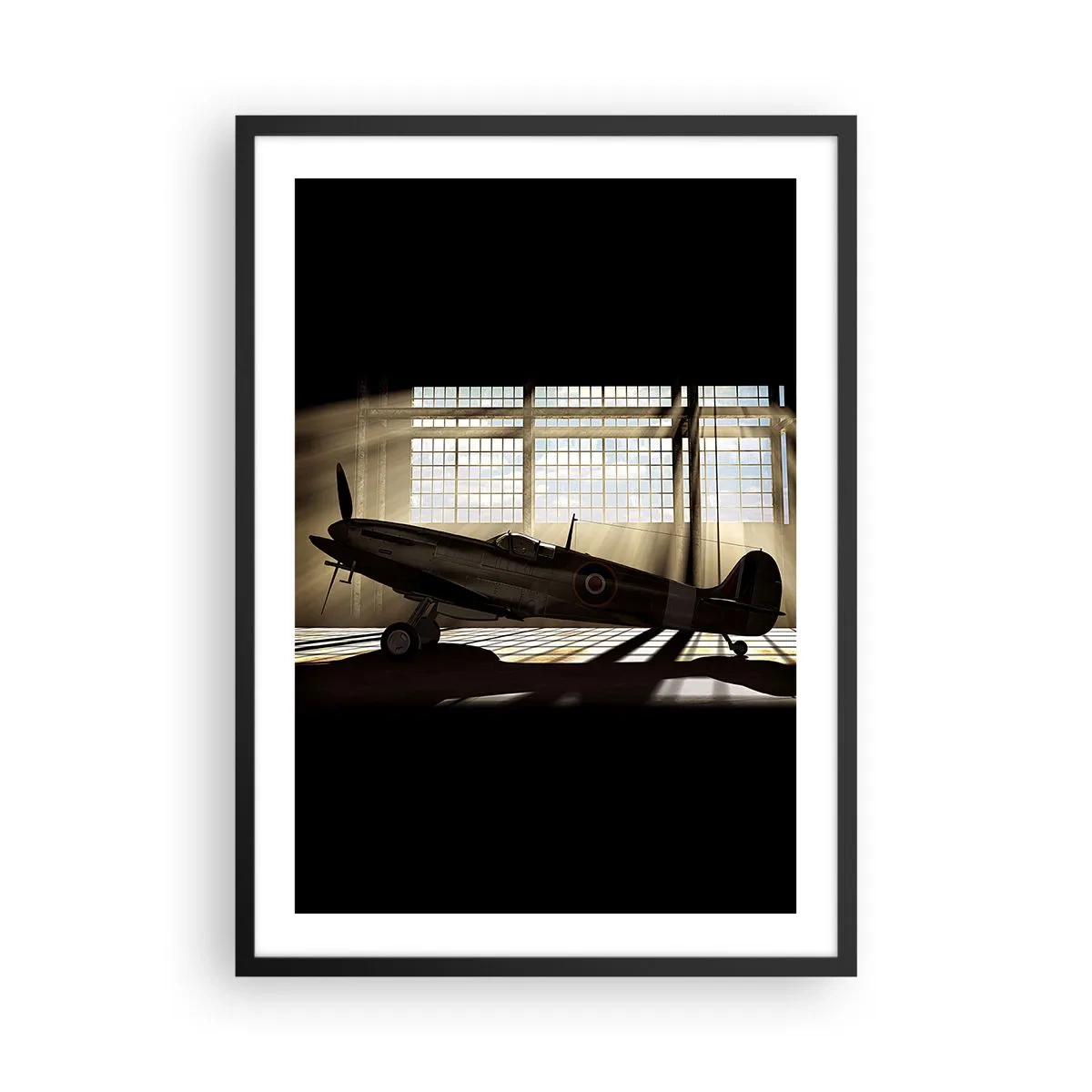 Poster în ramă neagră - Avion istoric în hangar cu raze de soare - 50x70cm - Odihna războinicului - Decorațiune modernă pentru perete pentru living și dormitor ARTTOR