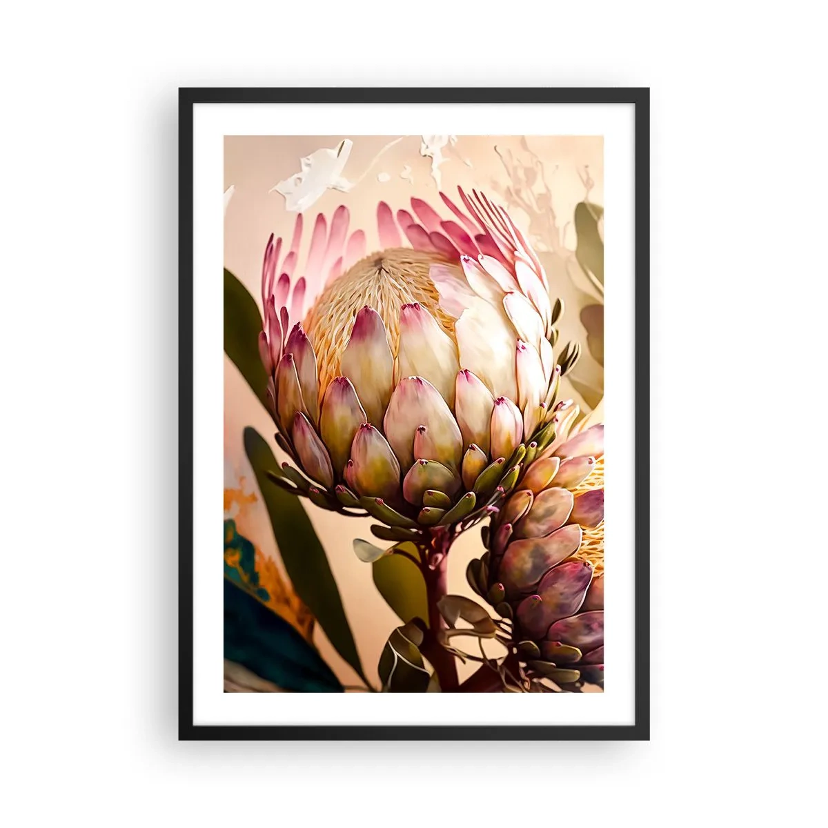 Poster în ramă neagră - Prim-plan al unei flori de protea în culori calde - 50x70cm - Îmbrățișare cu tandrețe - Decorațiune modernă pentru perete pentru living și dormitor ARTTOR