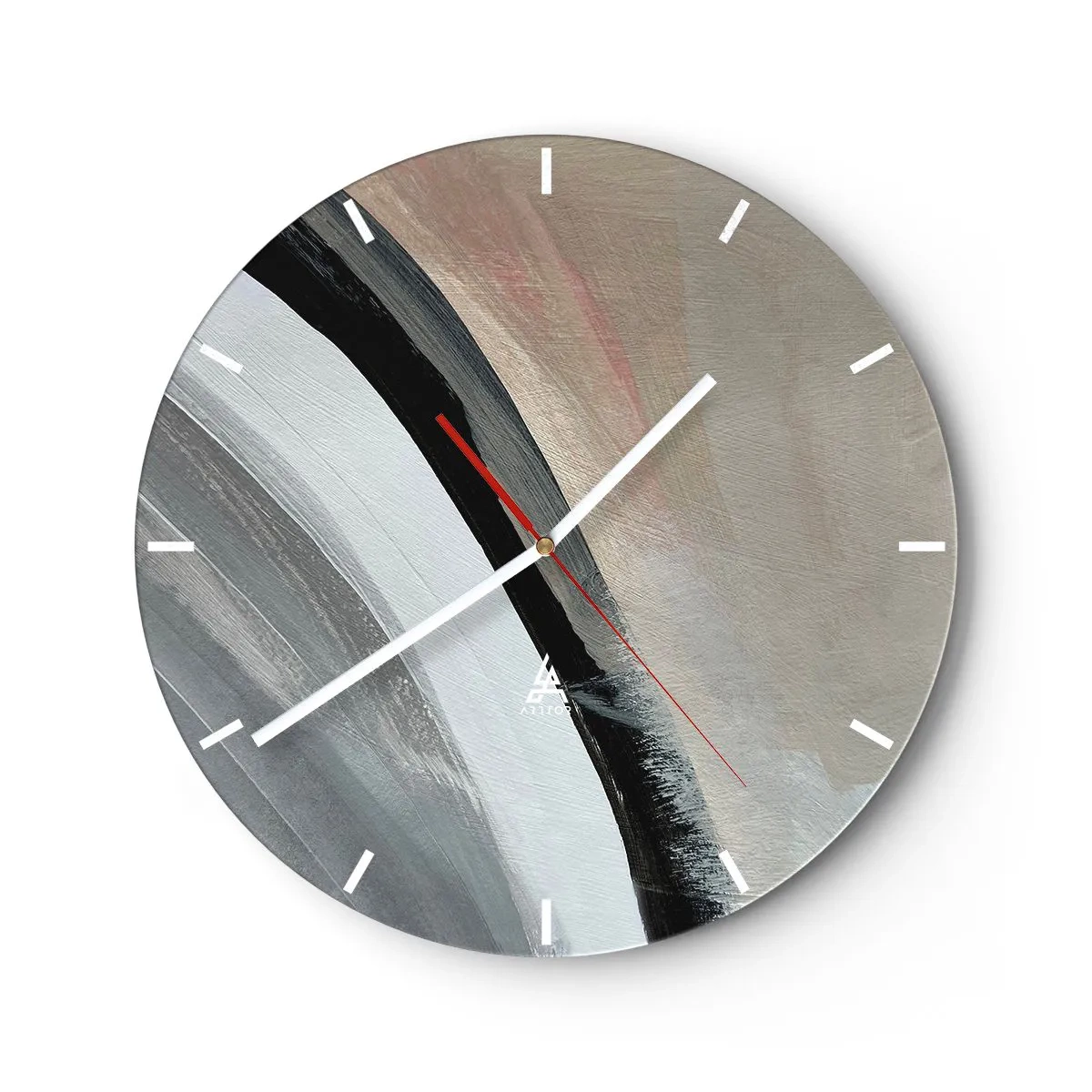 Ceas de perete - Ceas pe sticlă - Compoziție abstractă cu un arc negru și nuanțe de gri - 30x30cm - Compoziție: arc de negru și gri - Decorațiune modernă pentru perete pentru living, bucătărie și dormitor ARTTOR