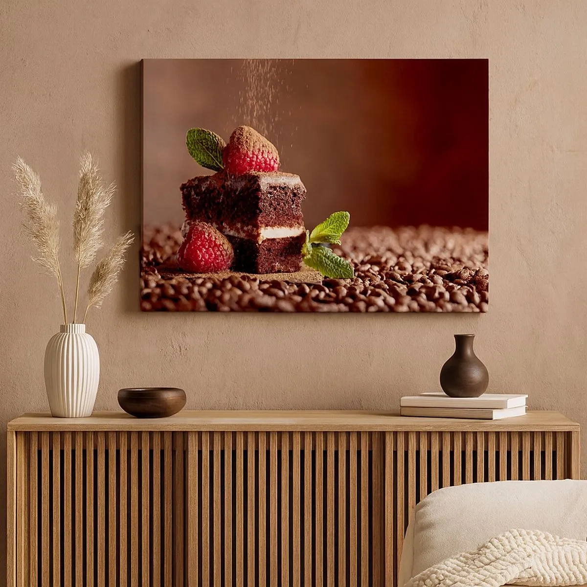 Tablou pe pânză Canvas - Tort de ciocolată cu zmeură și mentă pe fundal de boabe de cacao - 70x50cm - Viața este dulce - Decorațiune modernă pentru perete pentru living și dormitor ARTTOR