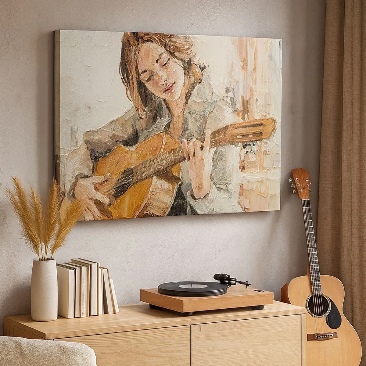 Tablou pe pânză Canvas - Portretul unei fete care cântă la chitară într-un stil pictural, cu culori calde. - 70x50cm - Concert pentru chitară și inima unei fete - Decorațiune modernă pentru perete pentru living și dormitor ARTTOR