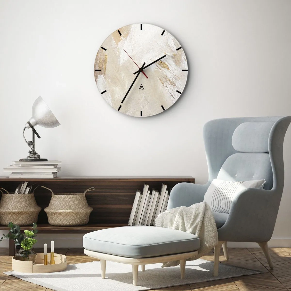 Ceas de perete - Ceas pe sticlă - Compoziție de vopsea bej și albă cu textură de pensulă - 30x30cm - Compoziție pastel - Decorațiune modernă pentru perete pentru living, bucătărie și dormitor ARTTOR