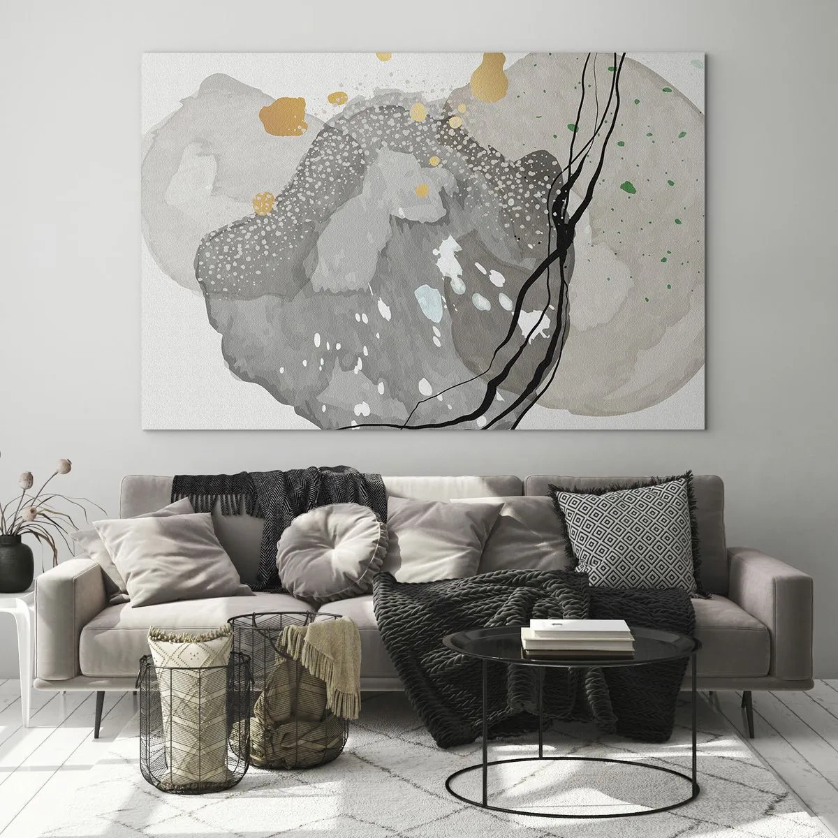 Tablou pe sticlă - Forme și pete organice în culori estompate cu detalii - 70x50cm - Compoziție organică - Decorațiune modernă pentru perete pentru living și dormitor ARTTOR