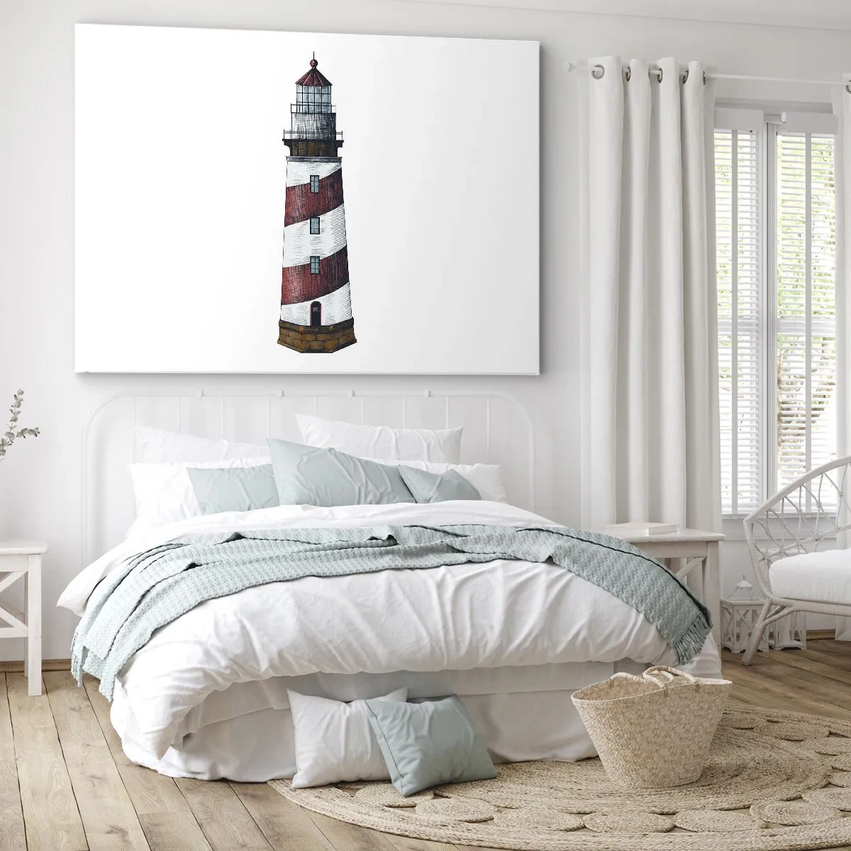 Tablou pe pânză Canvas - O imagine de desen animat a unui far cu dungi roșii și albe pe un fundal minimalist. - 70x50cm - Întotdeauna de veghe - Decorațiune modernă pentru perete pentru living și dormitor ARTTOR