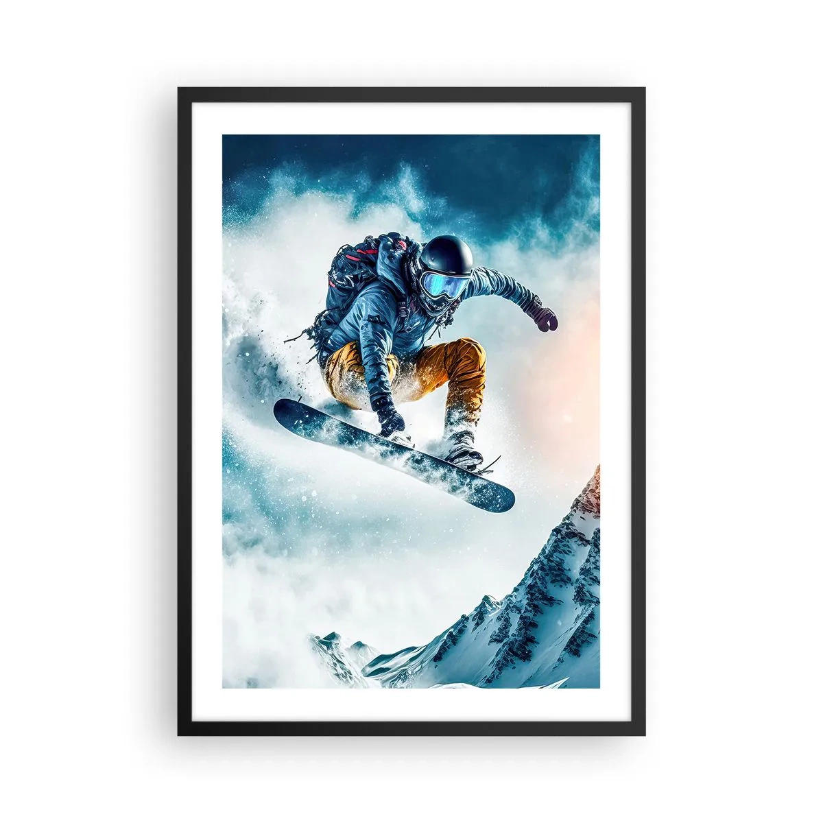 Poster în ramă neagră - Un snowboarder zboară peste un vârf de munte acoperit de zăpadă - 50x70cm - Emoții extreme - Decorațiune modernă pentru perete pentru living și dormitor ARTTOR