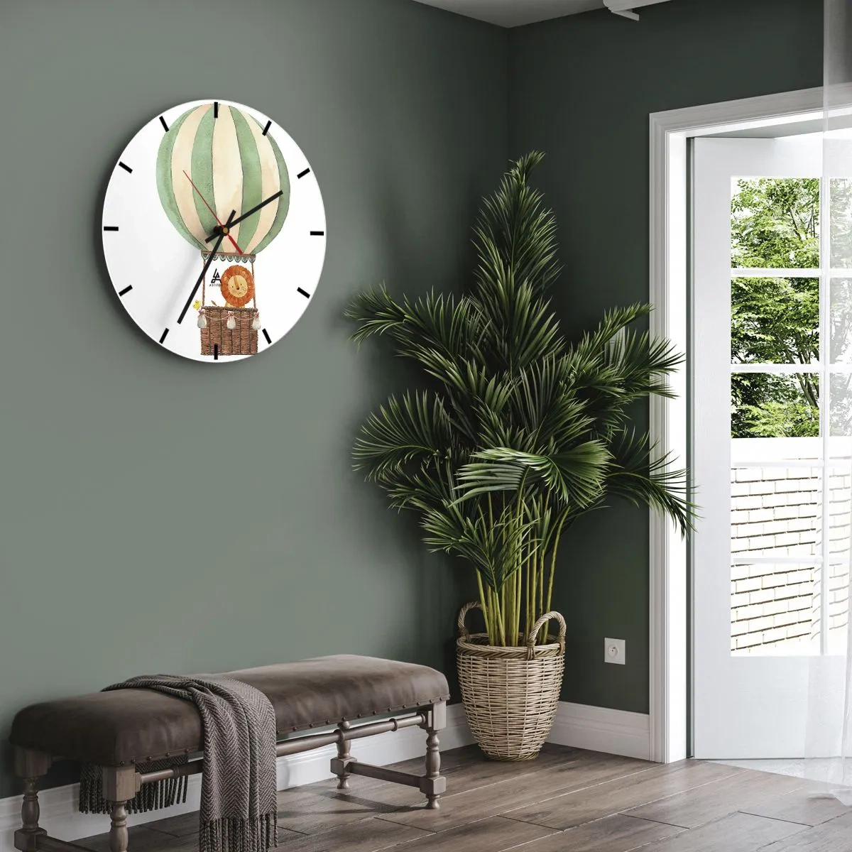 Ceas de perete - Ceas pe sticlă - Un leu și o rață într-un balon pe un fundal alb - 30x30cm - Călătoriile lui Leon - Decorațiune modernă pentru perete pentru living, bucătărie și dormitor ARTTOR