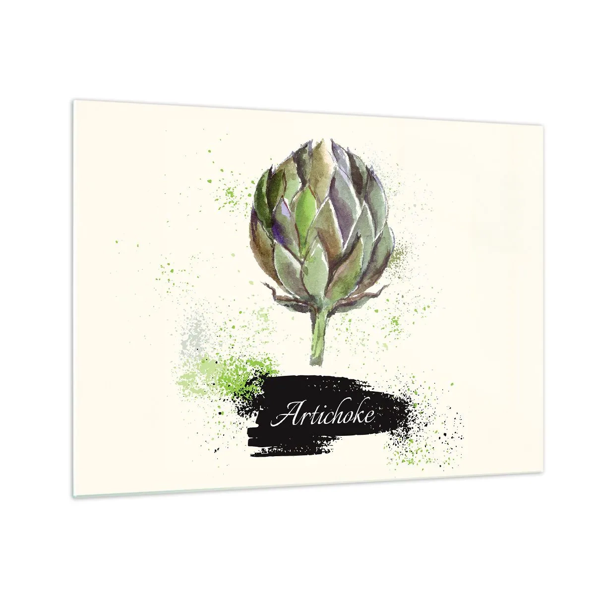 Tablou pe sticlă - Grafică în acuarelă cu anghinare, cu cuvântul „Anghinare” scris pe ea - 70x50cm - Trăiască legumele! - Decorațiune modernă pentru perete pentru living și dormitor ARTTOR