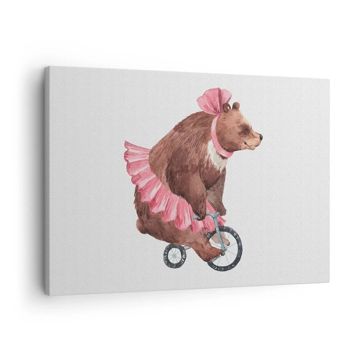 Tablou pe pânză Canvas - Un ursuleț de pluș într-o fustă roz pe o bicicletă în stil retro - 70x50cm - Ce circ! - Decorațiune modernă pentru perete pentru living și dormitor ARTTOR