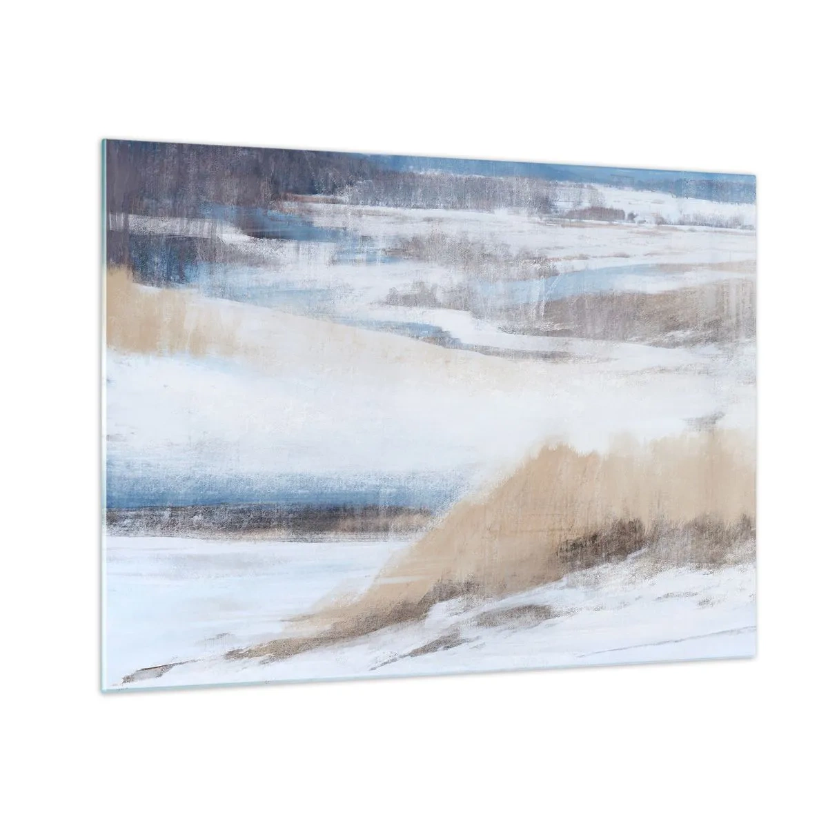 Tablou pe sticlă - O abstracție delicată în tonuri reci de bej și albastru. - 70x50cm - Compoziție de iarnă - Decorațiune modernă pentru perete pentru living și dormitor ARTTOR