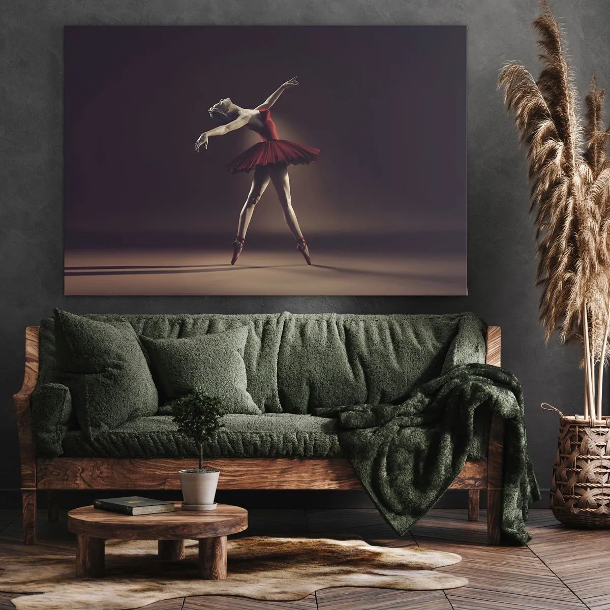 Tablou pe pânză Canvas - O dansatoare de balet într-o rochie roșie pe fundalul unei scene - 70x50cm - Prima balerină - Decorațiune modernă pentru perete pentru living și dormitor ARTTOR