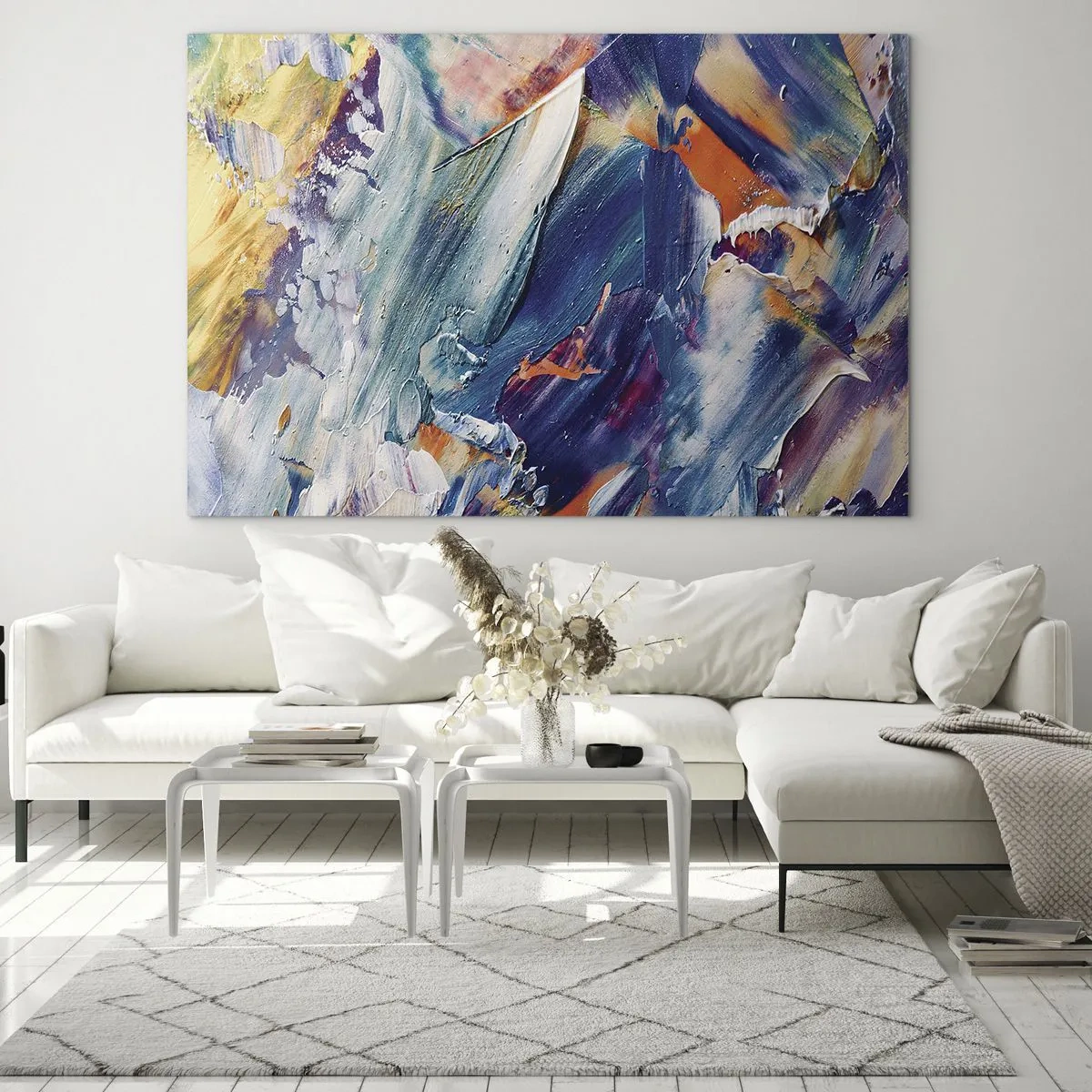 Tablou pe sticlă - Abstracție dinamică cu tușe groase de vopsea - 70x50cm - Confuzie de culori - Decorațiune modernă pentru perete pentru living și dormitor ARTTOR