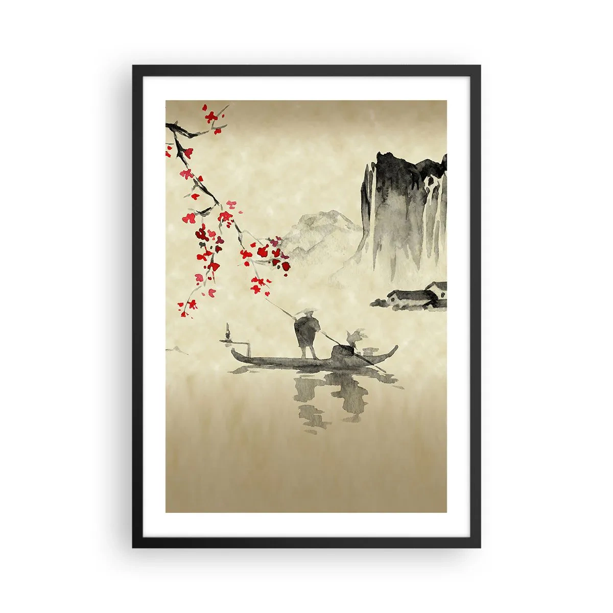 Poster în ramă neagră - Scenă orientală cu pescari pe o barcă - 50x70cm - În țara florilor de cireș - Decorațiune modernă pentru perete pentru living și dormitor ARTTOR