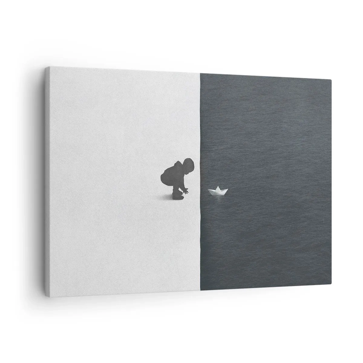 Tablou pe pânză Canvas - Figurină de copil cu o barcă de hârtie pe un fundal de jumătăți contrastante - 70x50cm - Marea expediție - Decorațiune modernă pentru perete pentru living și dormitor ARTTOR