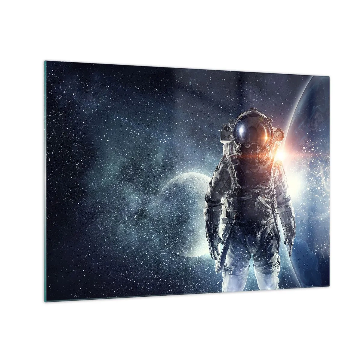 Tablou pe sticlă - Astronautul pe fundalul planetelor și stelelor - 70x50cm - Aventură spațială - Decorațiune modernă pentru perete pentru living și dormitor ARTTOR