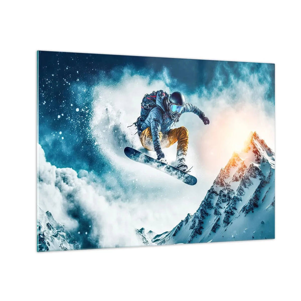 Tablou pe sticlă - Un snowboarder zboară peste munți acoperiți de zăpadă - 70x50cm - Emoții extreme - Decorațiune modernă pentru perete pentru living și dormitor ARTTOR