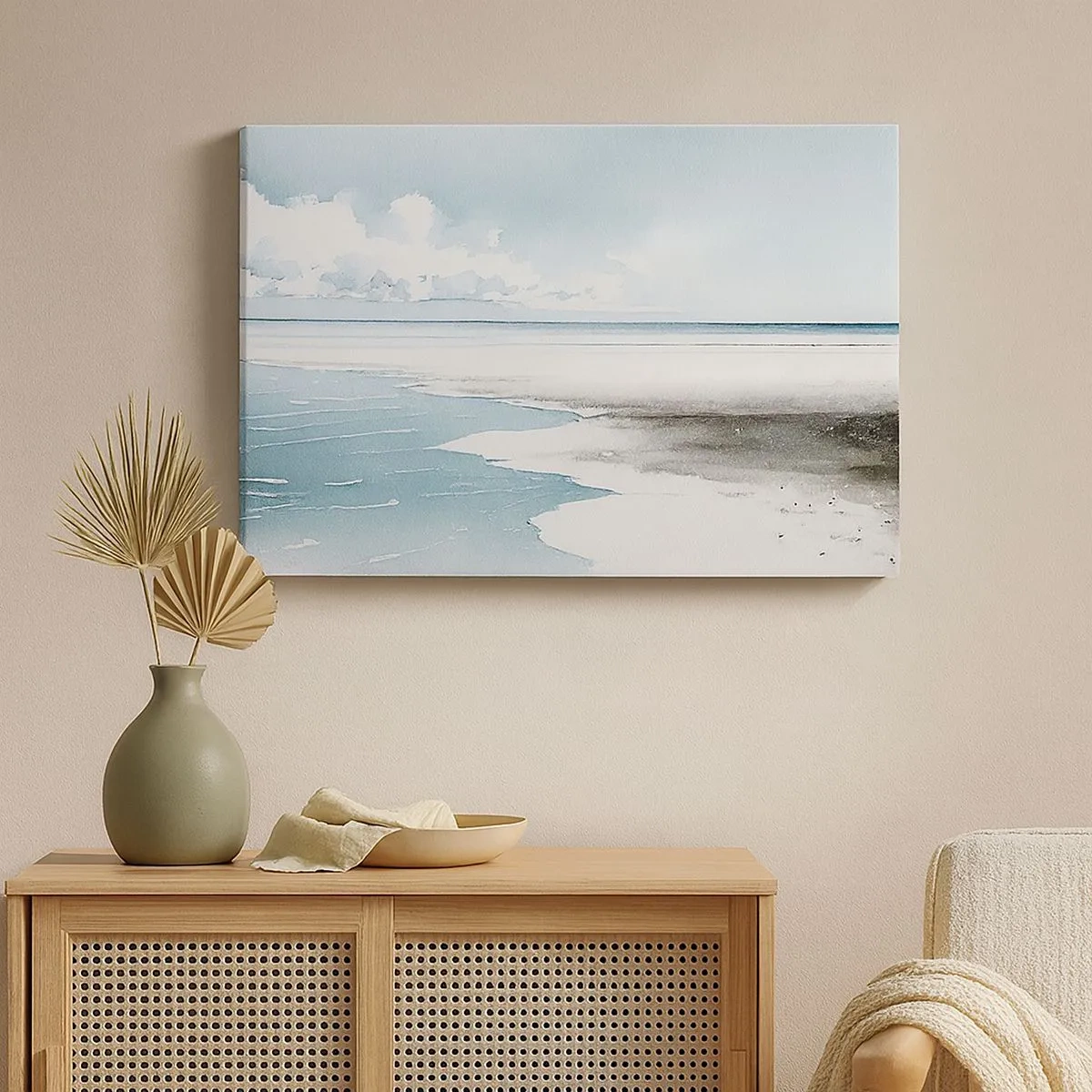 Tablou pe pânză Canvas - O mare calmă și o plajă în nuanțe deschise de albastru - 70x50cm - Mareea blândă - Decorațiune modernă pentru perete pentru living și dormitor ARTTOR
