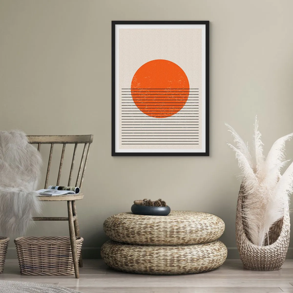 Poster în ramă neagră - Un apus de soare minimalist într-o formă geometrică - 50x70cm - Întotdeauna soarele - Decorațiune modernă pentru perete pentru living și dormitor ARTTOR