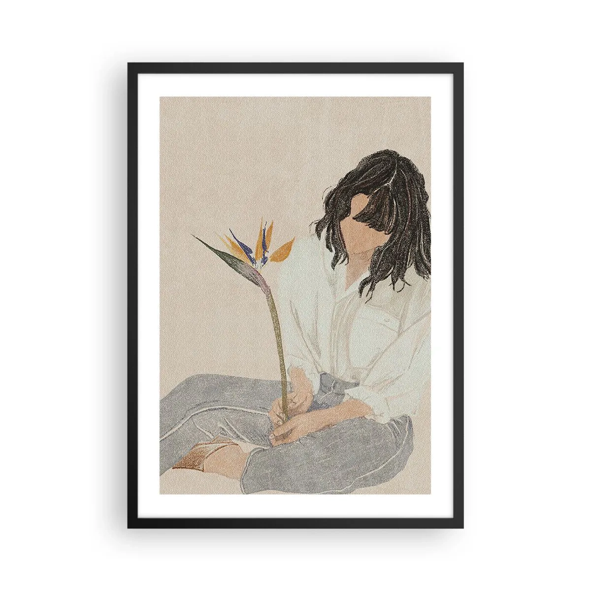 Poster în ramă neagră - Portretul unei femei care ține în mână o floare exotică, cu o atingere delicată de culoare - 50x70cm - Portret cu o floare exotică - Decorațiune modernă pentru perete pentru living și dormitor ARTTOR