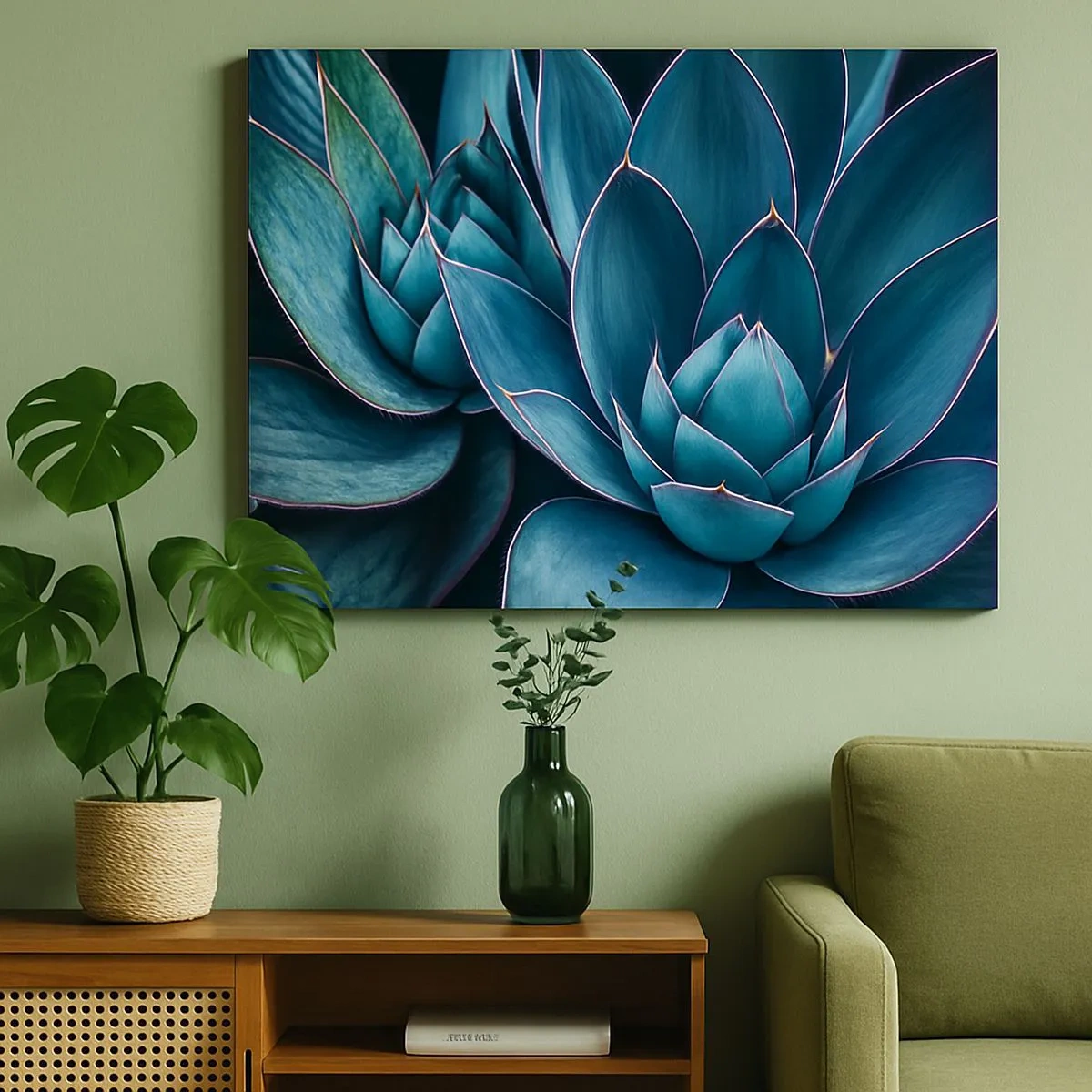 Tablou pe pânză Canvas - Agave în nuanțe de albastru și verde cu accente roz - 70x50cm - Forța vitală - Decorațiune modernă pentru perete pentru living și dormitor ARTTOR