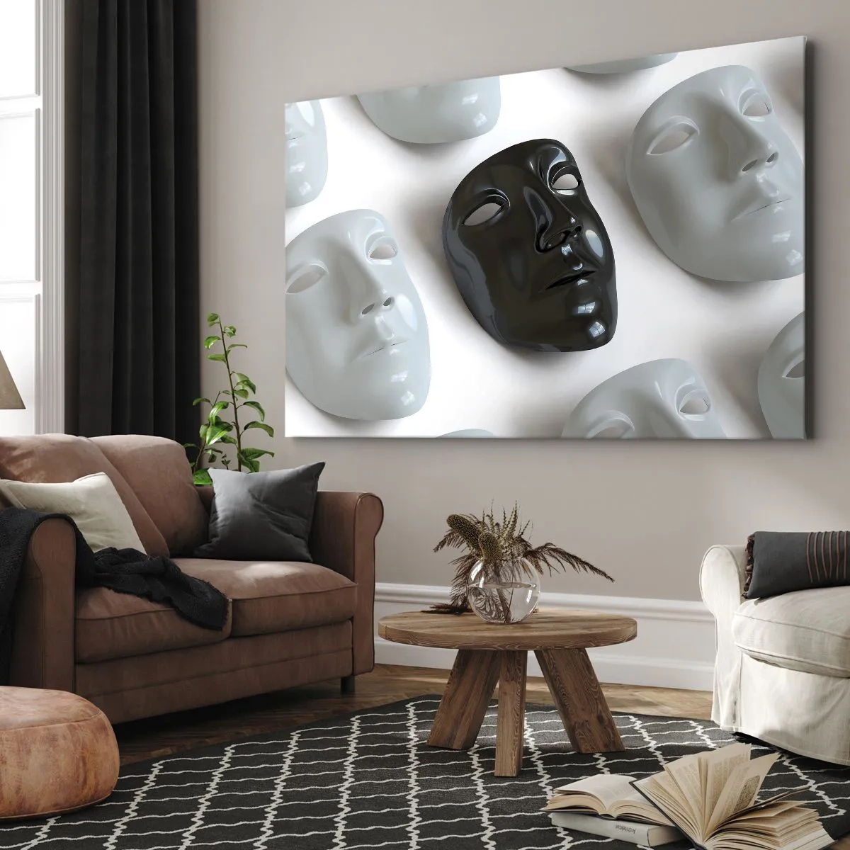 Tablou pe pânză Canvas - Măști alb-negru pe fundal deschis - 70x50cm - Cum să ieșiți în evidență? - Decorațiune modernă pentru perete pentru living și dormitor ARTTOR