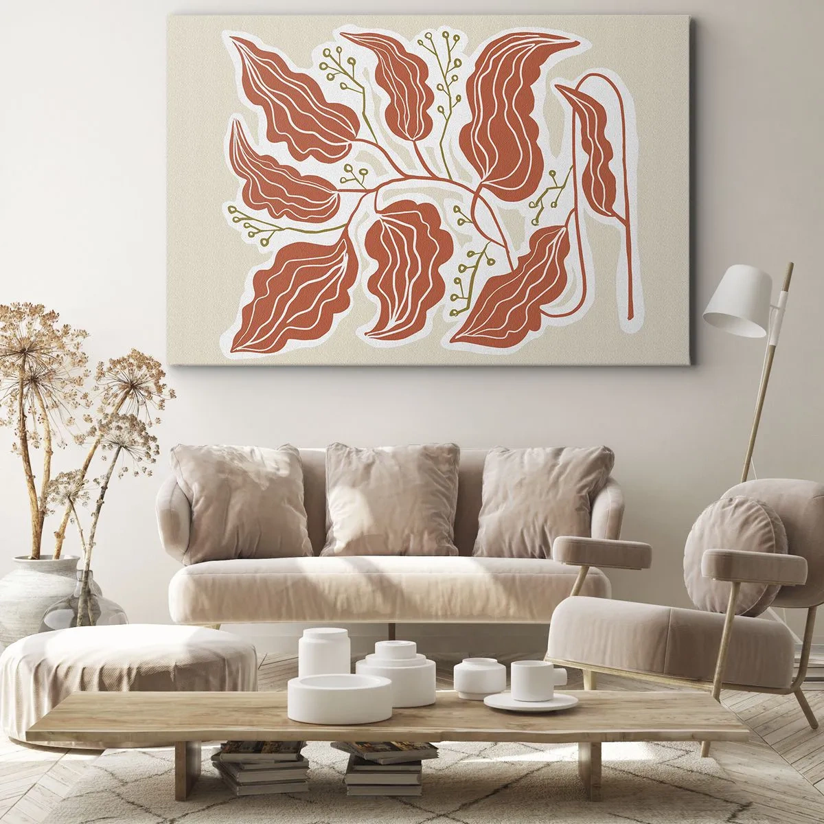 Tablou pe pânză Canvas - Un motiv minimalist de frunze în nuanțe de portocaliu și verde. - 70x50cm - Folk și coral - Decorațiune modernă pentru perete pentru living și dormitor ARTTOR