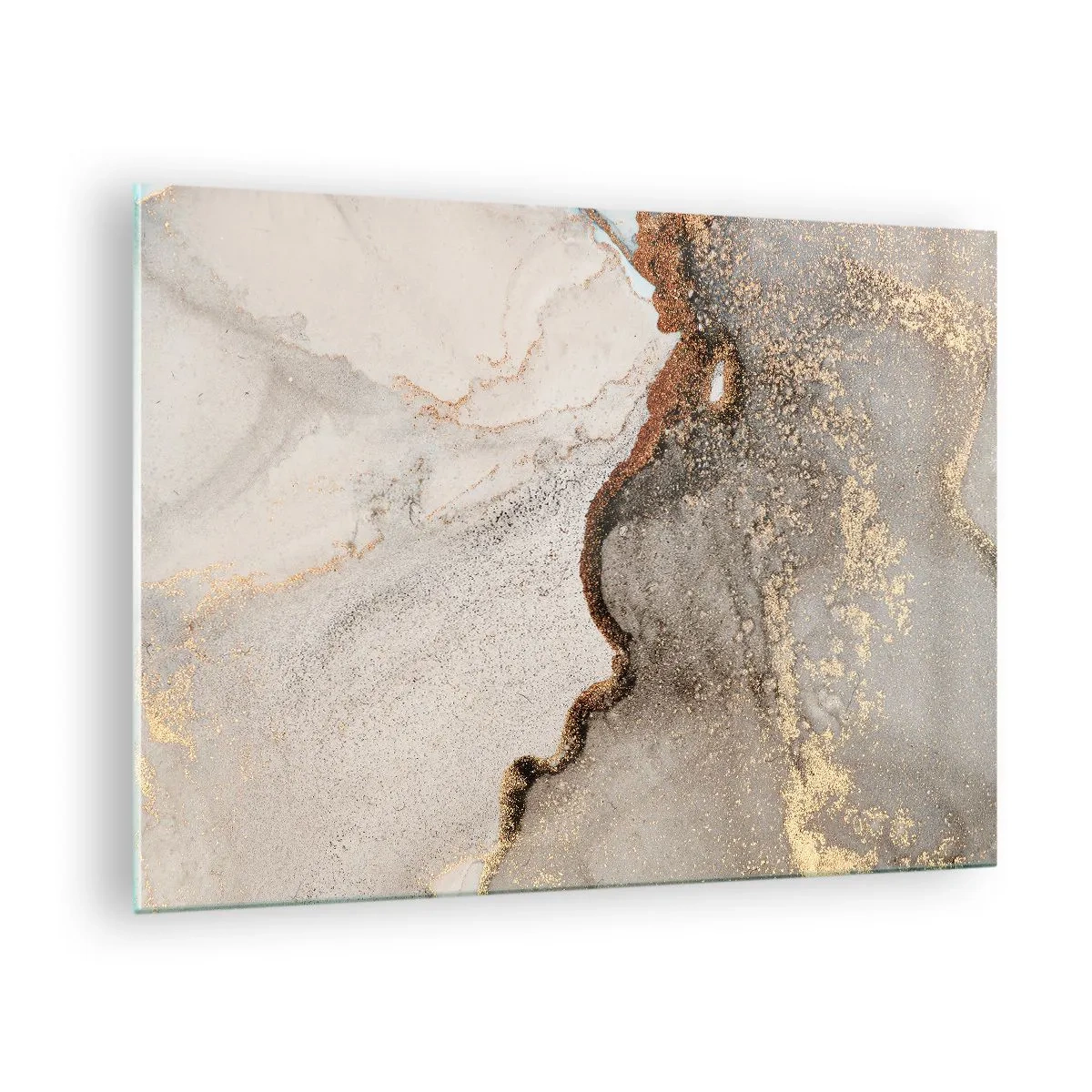 Tablou pe sticlă - Compoziție abstractă cu bej, auriu și grafit - 70x50cm - La granița culorilor - Decorațiune modernă pentru perete pentru living și dormitor ARTTOR